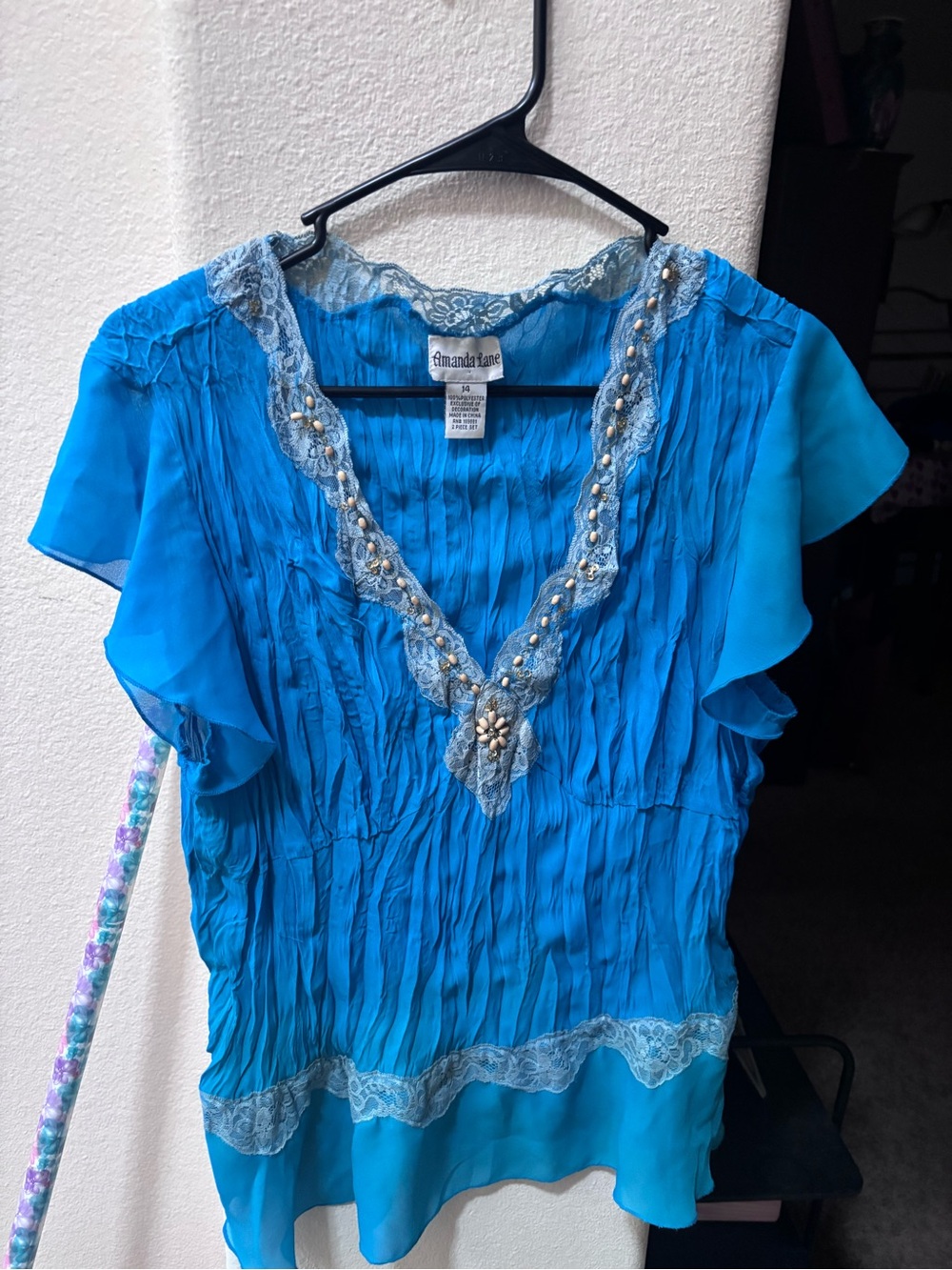 Amanda Lane Turquoise Lace-Trim Beaded V-Neck Blouse